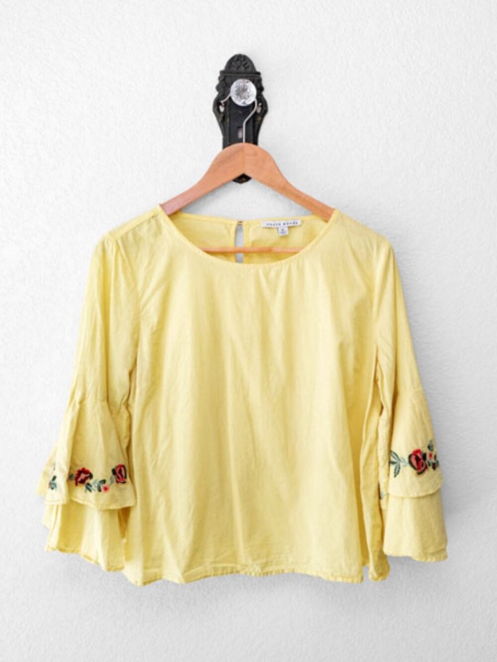 Haute Monde Yellow Embroidered Bell Sleeve Boho Top Womens XL Cottagecore